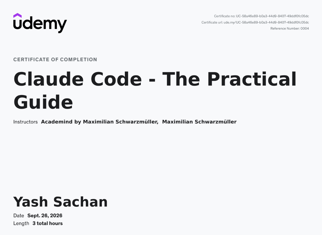 Claude Code — The Practical Guide — certificate issued by Udemy