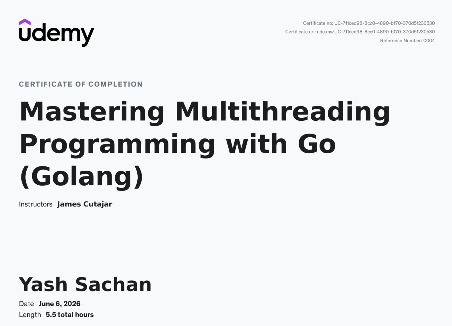 Multithreading with Go — certificate issued by Udemy