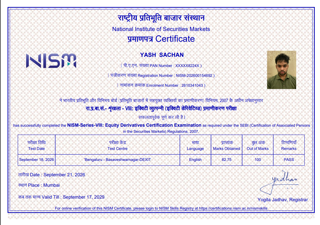 Equity Derivatives — NISM Series VIII — certificate issued by NISM